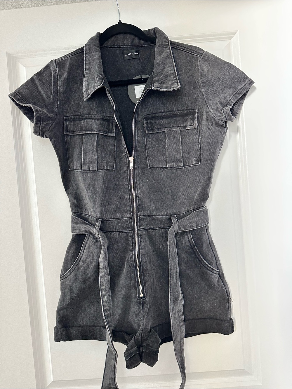 White fox Washed Black Denim Utility Romper